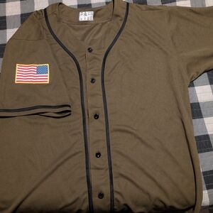 Olive Green Baseball Jersey with American Flag Patch